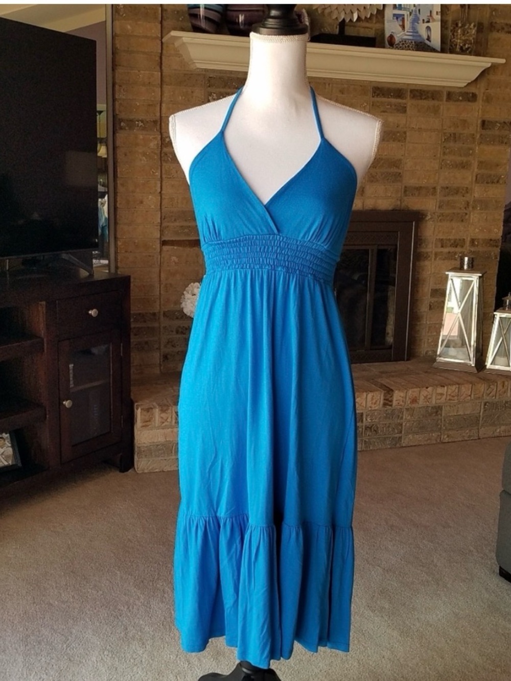 European Fashion Sea Turquoise Blue Sexy Backless Halter Dress from Italy
